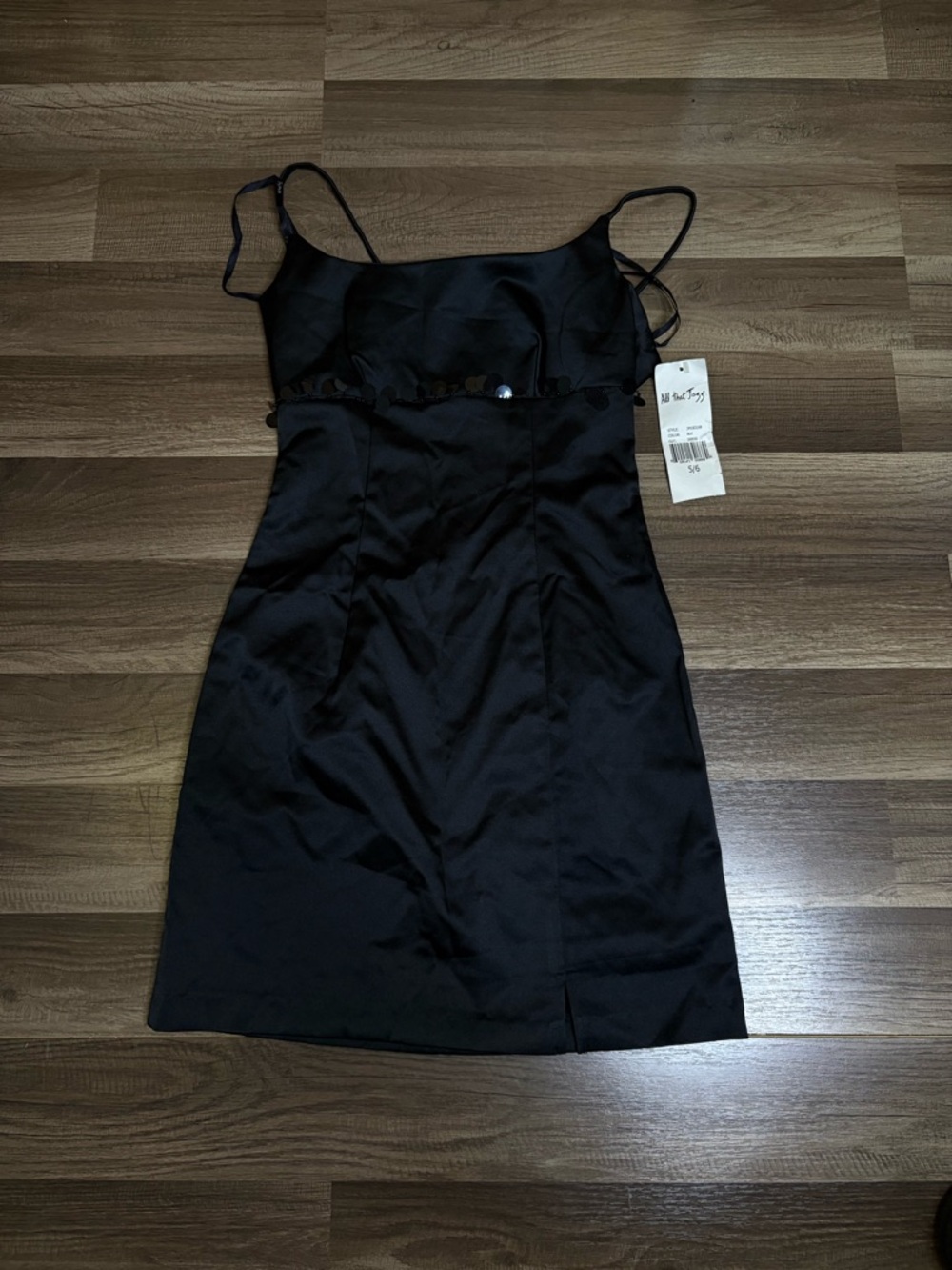 All That Jazz Women's Black Satin Sheath Dress Sequin Trim Zip Juniors 5/6